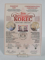 Pamätný list k minci SVK 2024 10€ Ag J. Ch. Korec