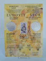 Pamätný list k minci SVK 2015 10€ Ag Ľ. Štúr